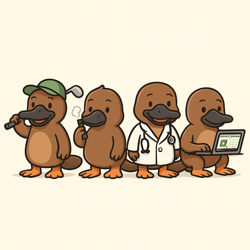 Vier lustige Schnabeltiere bei verschiedenen Tätigkeiten